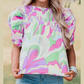 REDUCED!!!  Mitzy Green Abstract Print Bubble Sleeve Smock Detail Blouse  REDUCED!!!