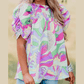 REDUCED!!!  Mitzy Green Abstract Print Bubble Sleeve Smock Detail Blouse  REDUCED!!!
