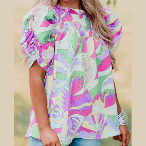 Mitzy Green Abstract Print Bubble Sleeve Smock Detail Blouse