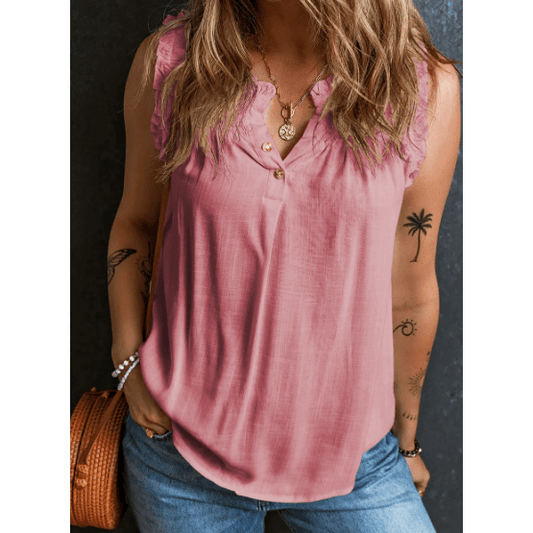 Berdine Pink Button Split Neck Ruffled Trim Tank Top