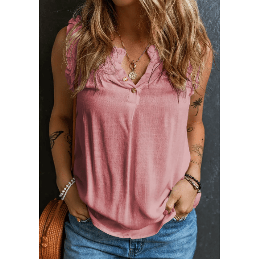 Berdine Pink Button Split Neck Ruffled Trim Tank Top