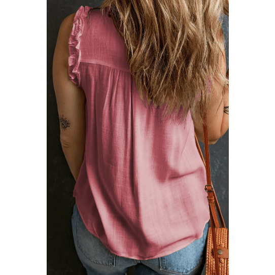 Berdine Pink Button Split Neck Ruffled Trim Tank Top