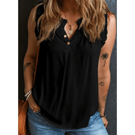 Berdine Black Button Split Neck Ruffled Trim Tank Top