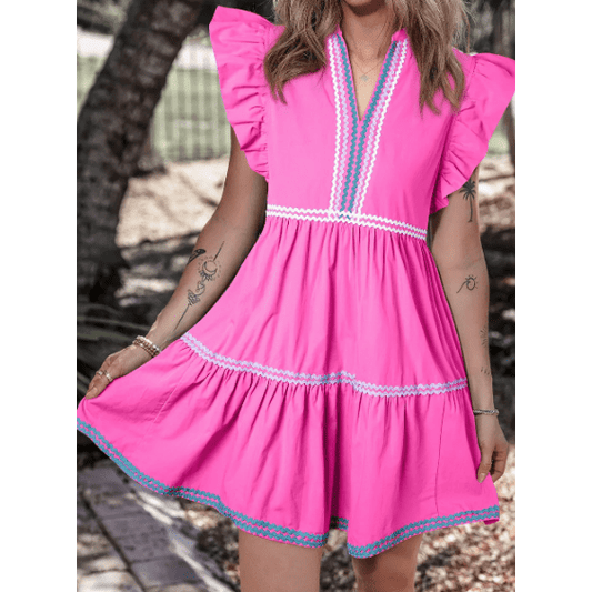 Denver Strawberry Pink Ric Rac Colorblock Flutter Sleeve V Neck Tiered Dress