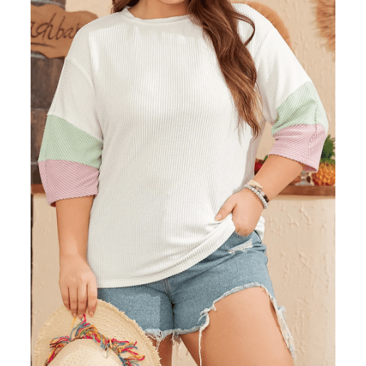 Elva White Color Block Ribbed Knit Quarter Sleeve Top - S to 3X