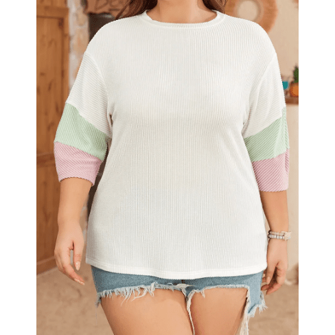 Elva White Color Block Ribbed Knit Quarter Sleeve Top - S to 3X