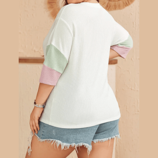 Elva White Color Block Ribbed Knit Quarter Sleeve Top - S to 3X