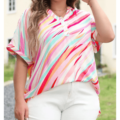 Blythe Multicolour Abstract Print High Low Short Sleeve Blouse - S to 3X