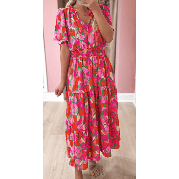 Cordelia Pink Floral Short Sleeve Smocked Waist Maxi Dress