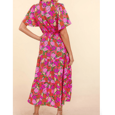 Cordelia Pink Floral Short Sleeve Smocked Waist Maxi Dress