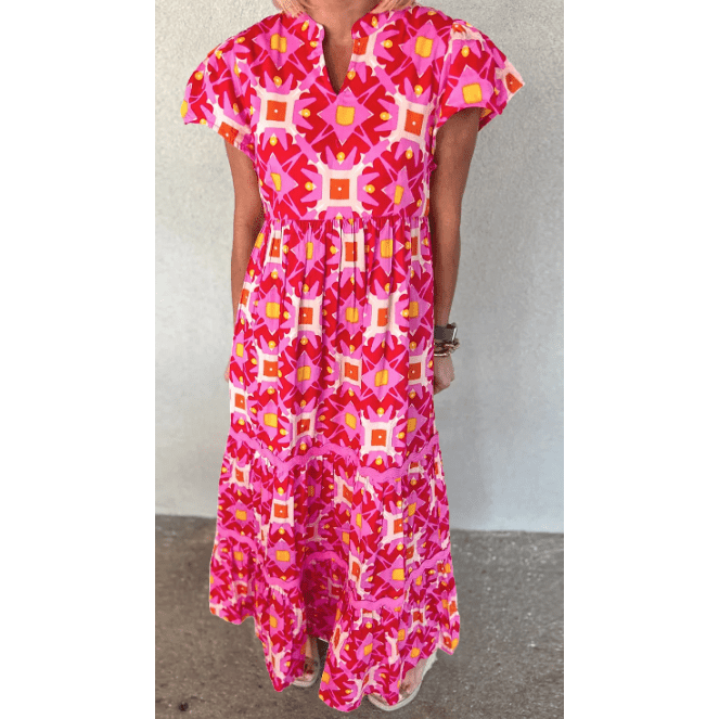 Bambi Strawberry Pink Geo Print V-neck Maxi Dress