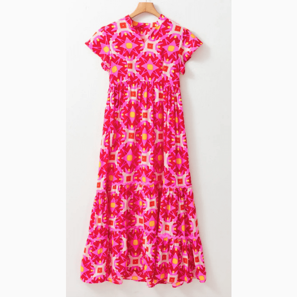 Bambi Strawberry Pink Geo Print V-neck Maxi Dress