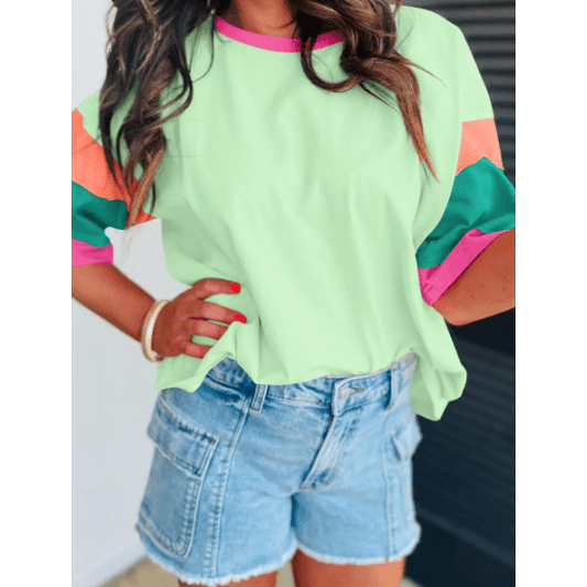 Bree Green Color Block Stitching Sleeve Round Neck Oversize Top