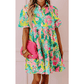Geneva Green Floral Puff Sleeve Collar Buttoned Babydoll Dress