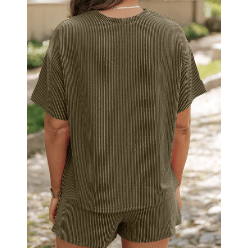 Vernita Jungle Green Ribbed Textured Knit Loose Fit Tee and Shorts Set