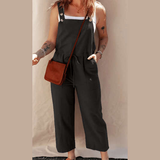 Bev Black Drawstring Buttoned Straps Cropped Overall