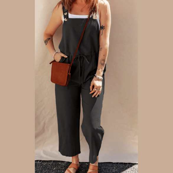 Bev Black Drawstring Buttoned Straps Cropped Overall