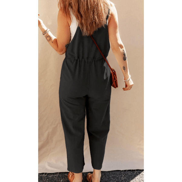 Bev Black Drawstring Buttoned Straps Cropped Overall