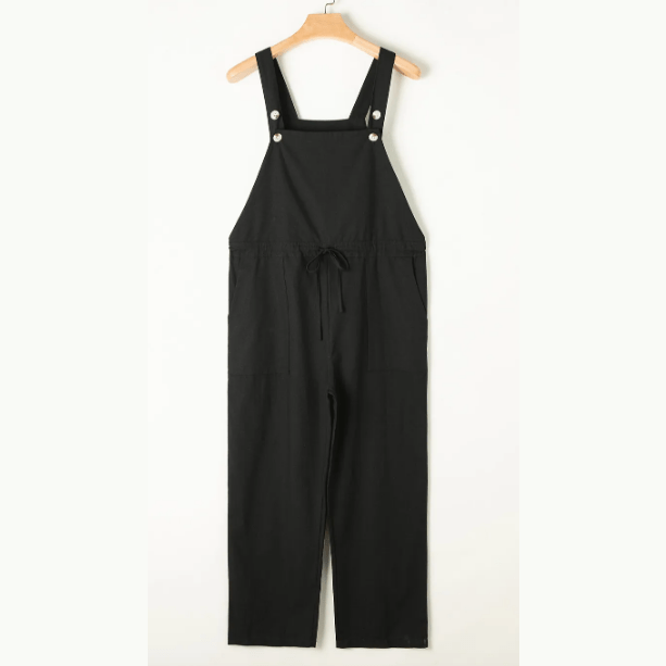 Bev Black Drawstring Buttoned Straps Cropped Overall