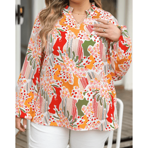 Ivie Orange Printed Split V Neck Puff Sleeve Blouse - Small to 3X