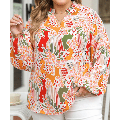 Ivie Orange Printed Split V Neck Puff Sleeve Blouse - Small to 3X