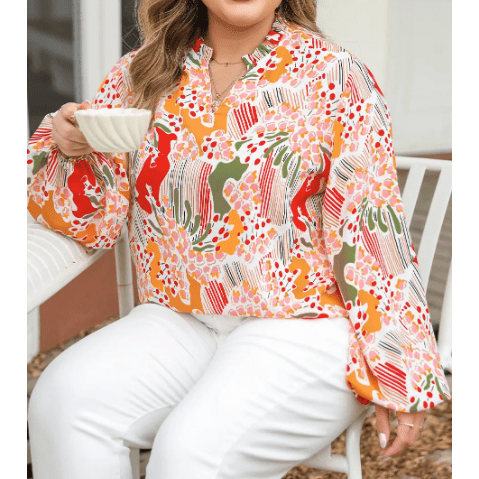 Ivie Orange Printed Split V Neck Puff Sleeve Blouse - Small to 3X