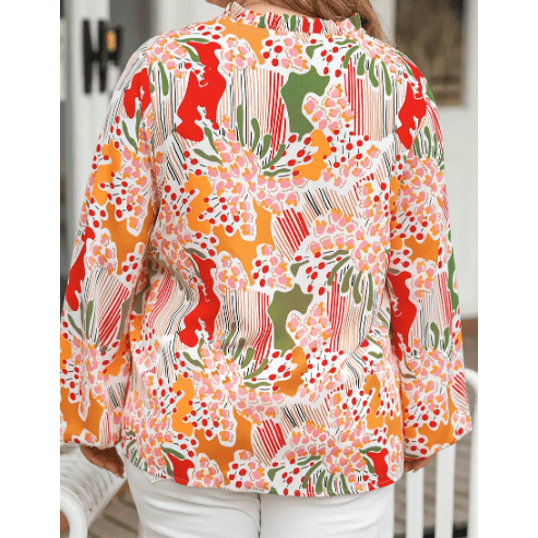 Ivie Orange Printed Split V Neck Puff Sleeve Blouse - Small to 3X