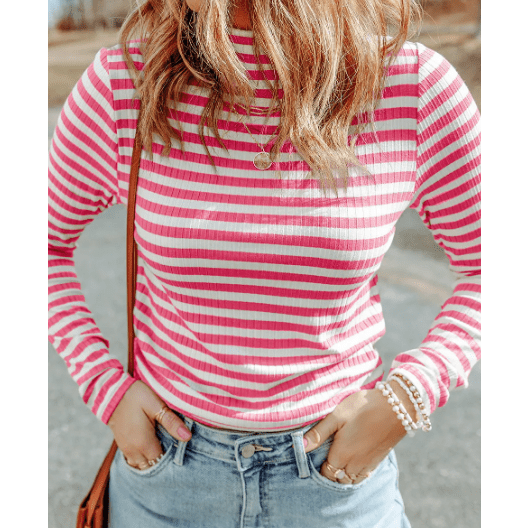 Ernestine Strawberry Pink Striped Knit Long Sleeve Tee