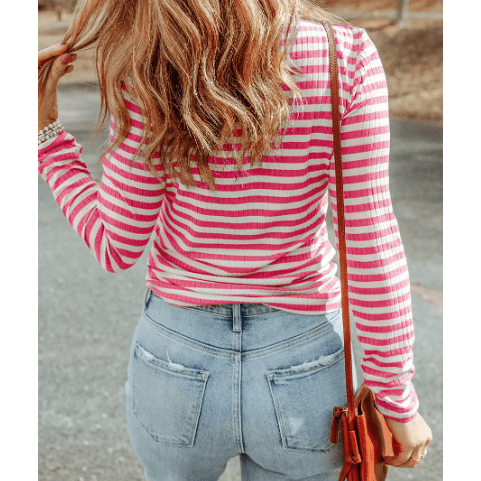 Ernestine Strawberry Pink Striped Knit Long Sleeve Tee