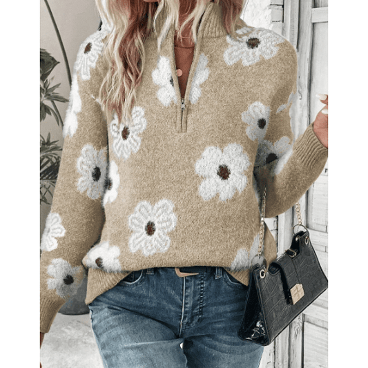 Karlene Khaki Floral Pattern Half Zip Drop Shoulder Sweater