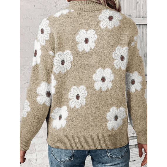 Karlene Khaki Floral Pattern Half Zip Drop Shoulder Sweater