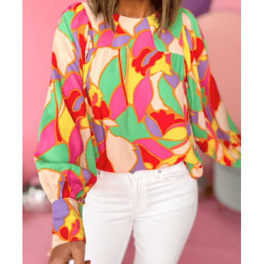 Janelle Yellow Abstract Print Puff Sleeve Blouse