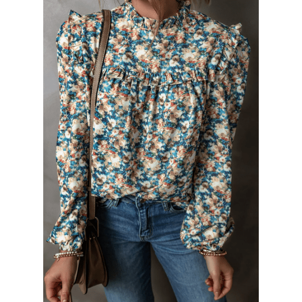 Tara Sky Blue Floral Print Frilled Mock Neck Puff Sleeve Blouse