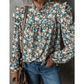 Tara Sky Blue Floral Print Frilled Mock Neck Puff Sleeve Blouse