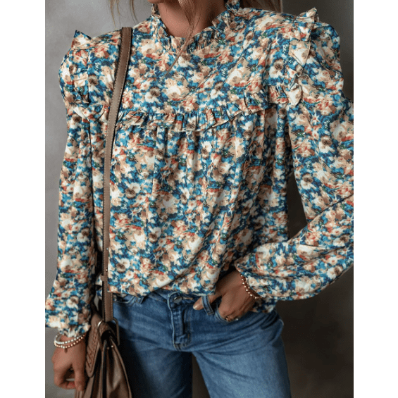 Tara Sky Blue Floral Print Frilled Mock Neck Puff Sleeve Blouse