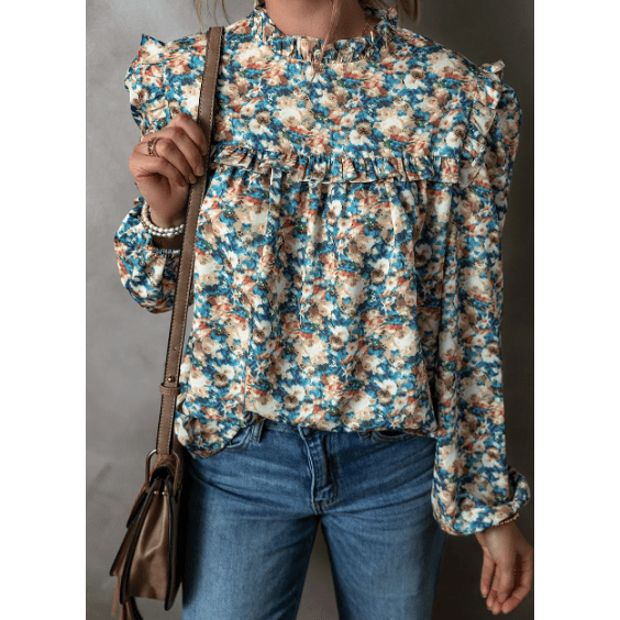 Tara Sky Blue Floral Print Frilled Mock Neck Puff Sleeve Blouse