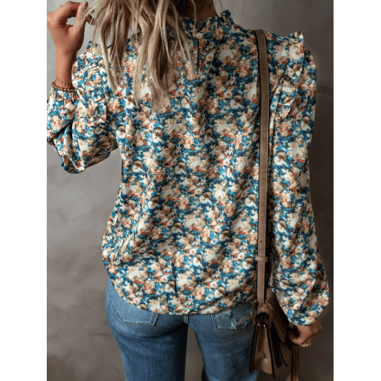 Tara Sky Blue Floral Print Frilled Mock Neck Puff Sleeve Blouse