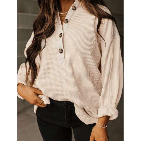 Izzy Cream Waffle Long Sleeve Collar Half Button Loose Top * S-3X