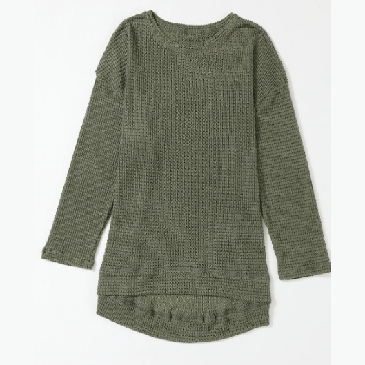 Wanda Green Waffle Knit High Slits Oversized Top