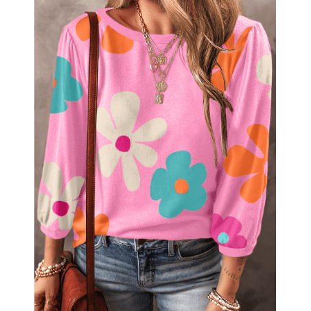 Zita Pink Cute Flower Print Bracelet Sleeve Top