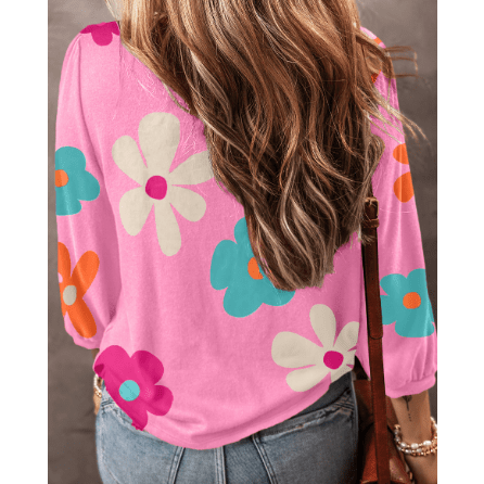 Zita Pink Cute Flower Print Bracelet Sleeve Top