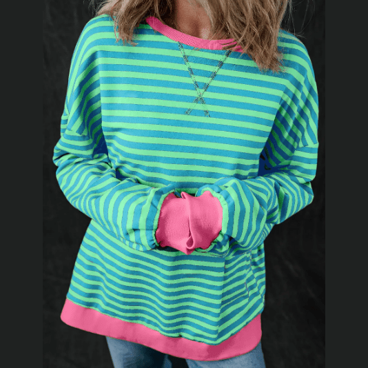 Kaylyn Green Stripe Oversized Contrast Trim Pullover Sweatshirt