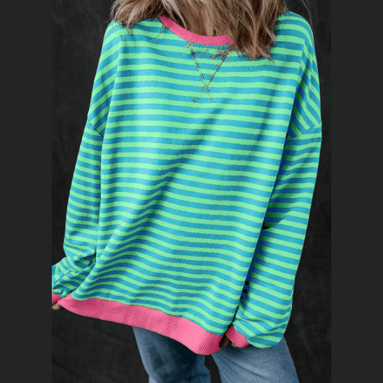 Kaylyn Green Stripe Oversized Contrast Trim Pullover Sweatshirt