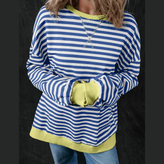 Kaylyn Blue Stripe Oversized Contrast Trim Pullover Sweatshirt