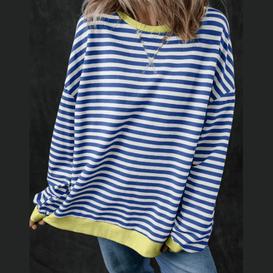 Kaylyn Blue Stripe Oversized Contrast Trim Pullover Sweatshirt