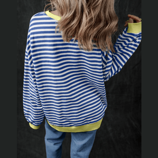 Kaylyn Blue Stripe Oversized Contrast Trim Pullover Sweatshirt