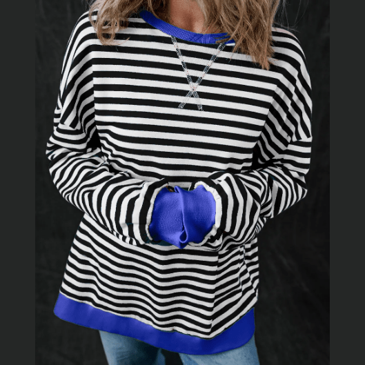 Kaylyn Black Stripe Oversized Contrast Trim Pullover Sweatshirt