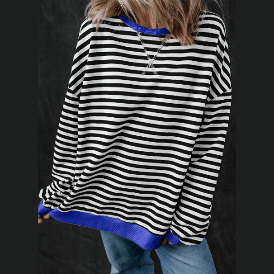 Kaylyn Black Stripe Oversized Contrast Trim Pullover Sweatshirt