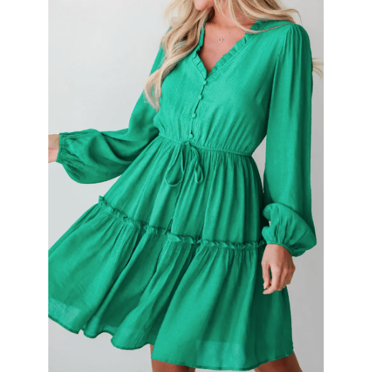 Laney Green Frilly V Neck Puff Sleeve Drawstring Shift Mini Dress