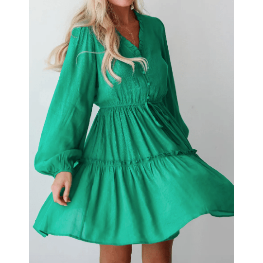 Laney Green Frilly V Neck Puff Sleeve Drawstring Shift Mini Dress